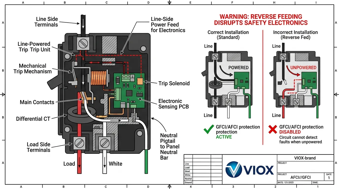 Schematic diagram na nagpapakita kung bakit nabigo ang line-powered AFCI GFCI breaker electronics sa panahon ng reverse feed operation