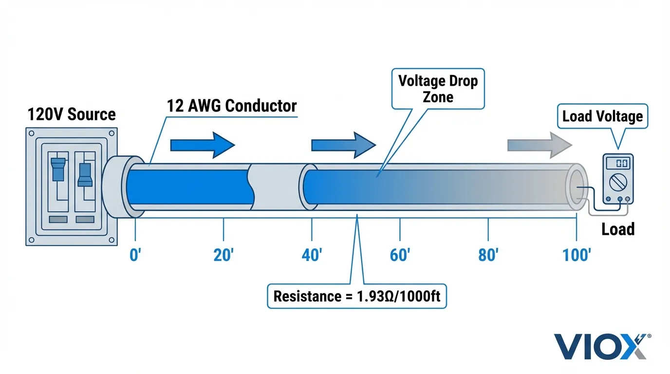 Technical schematic diagram showing voltage drop visualization along 12 AWG wire length