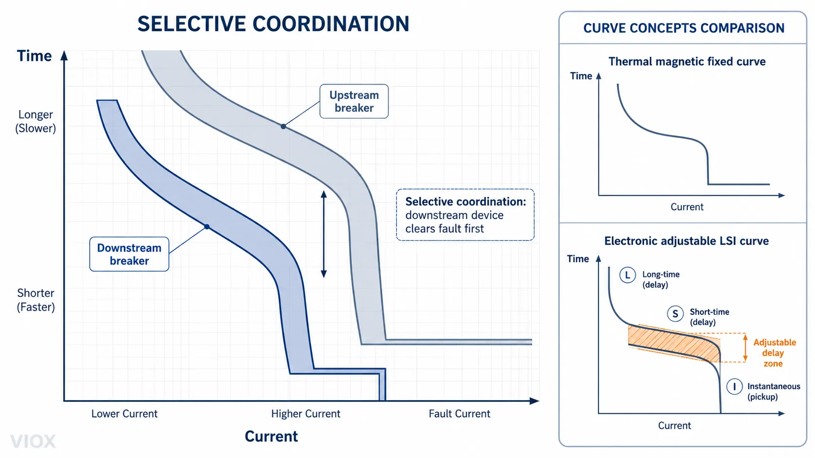 Selective coordination curve comparing electronic trip MCCB and thermal magnetic MCCB