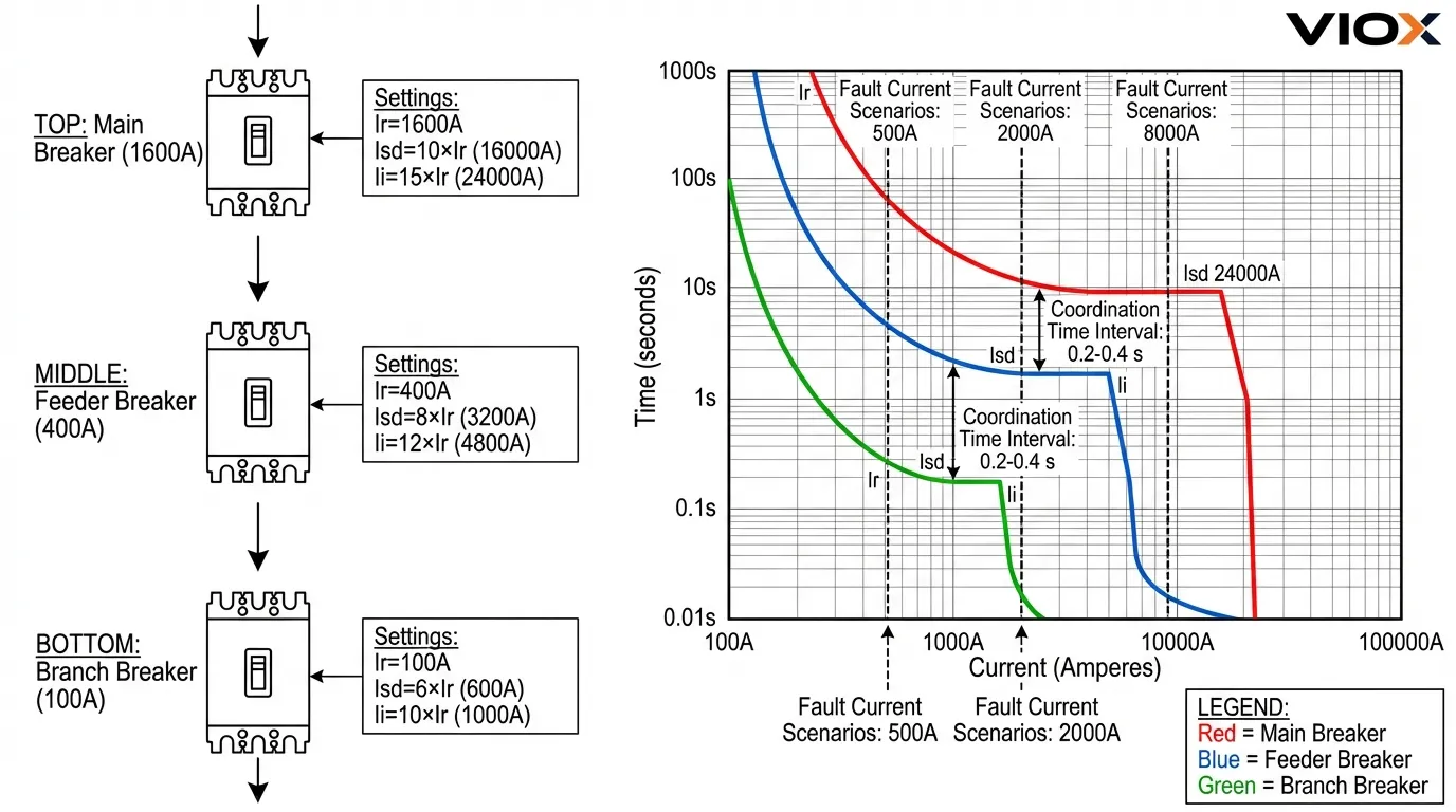 Diagramme de coordination de la sélectivité montrant les réglages appropriés de l'unité de déclenchement MCCB VIOX pour un système de distribution à trois niveaux