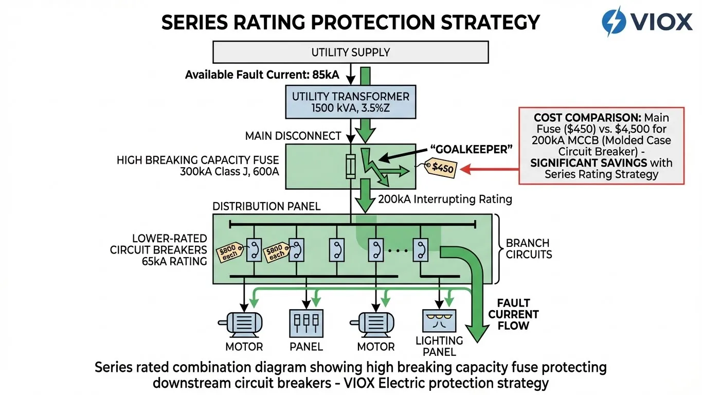 مخطط توليفة التصنيف التسلسلي يوضح منصهر ذو قدرة عالية على القطع لحماية قواطع الدائرة الكهربائية في اتجاه المصب - استراتيجية الحماية من VIOX Electric