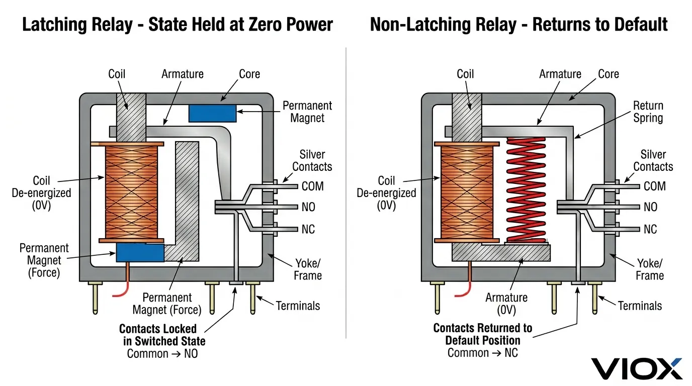 رسم تخطيطي للمقارنة جنبًا إلى جنب يوضح المرحل المزلاج الذي يحافظ على موضع التلامس بعد إزالة طاقة الملف مقابل المرحل غير المزلاج الذي يعود إلى الحالة الافتراضية