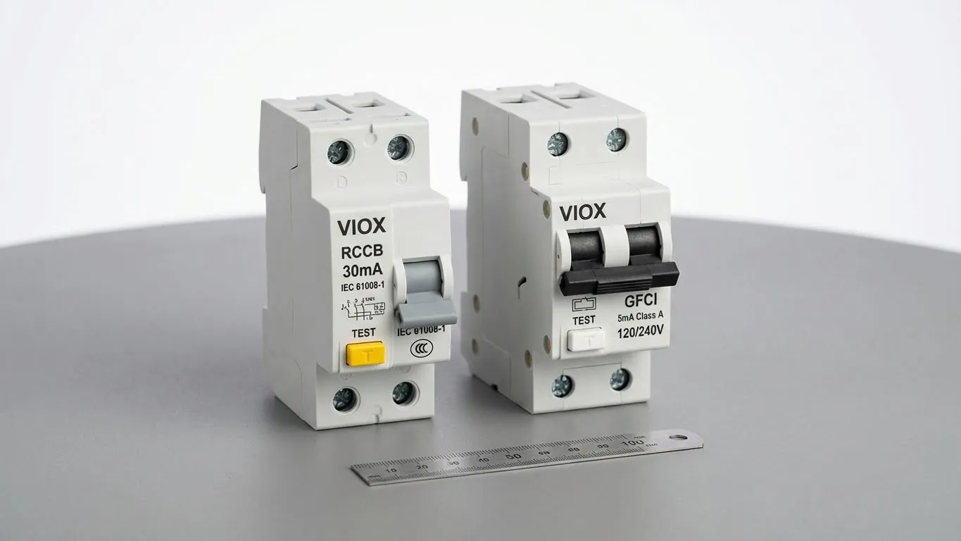IEC formatında VIOX RCCB artık akım cihazının, Kuzey Amerika UL formatında GFCI devre kesiciye karşı yan yana karşılaştırması, tasarım farklılıklarını gösteriyor