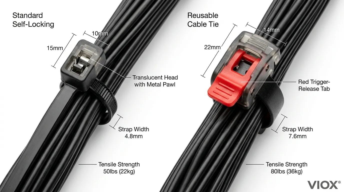 Side-by-side comparison of VIOX self-locking and reusable cable ties showing locking mechanism differences and trigger release tab