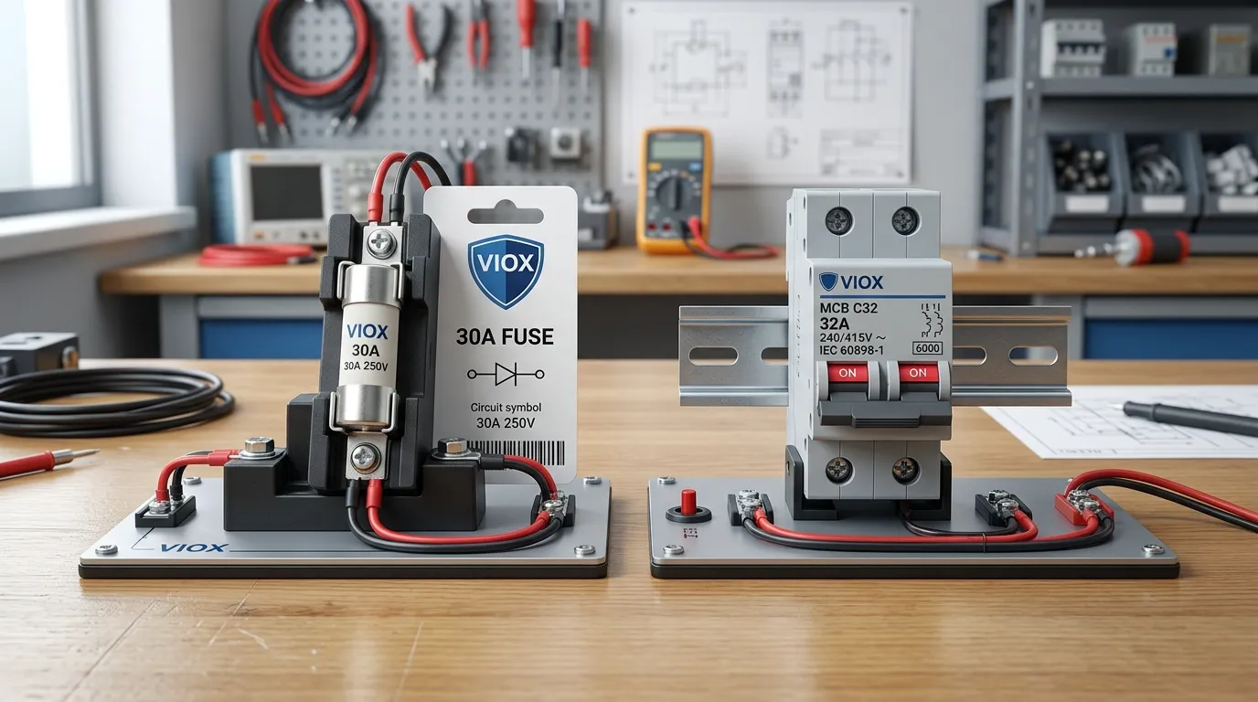 Side-by-side comparison of a 30A fuse and a 32A MCB circuit breaker on an electrical workbench