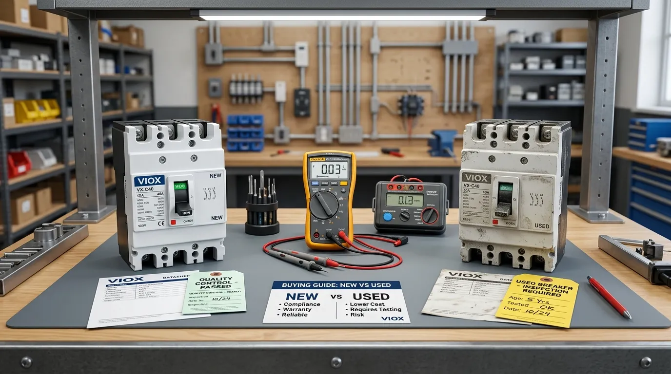 Comparação lado a lado de um disjuntor novo e um disjuntor usado em uma bancada de inspeção