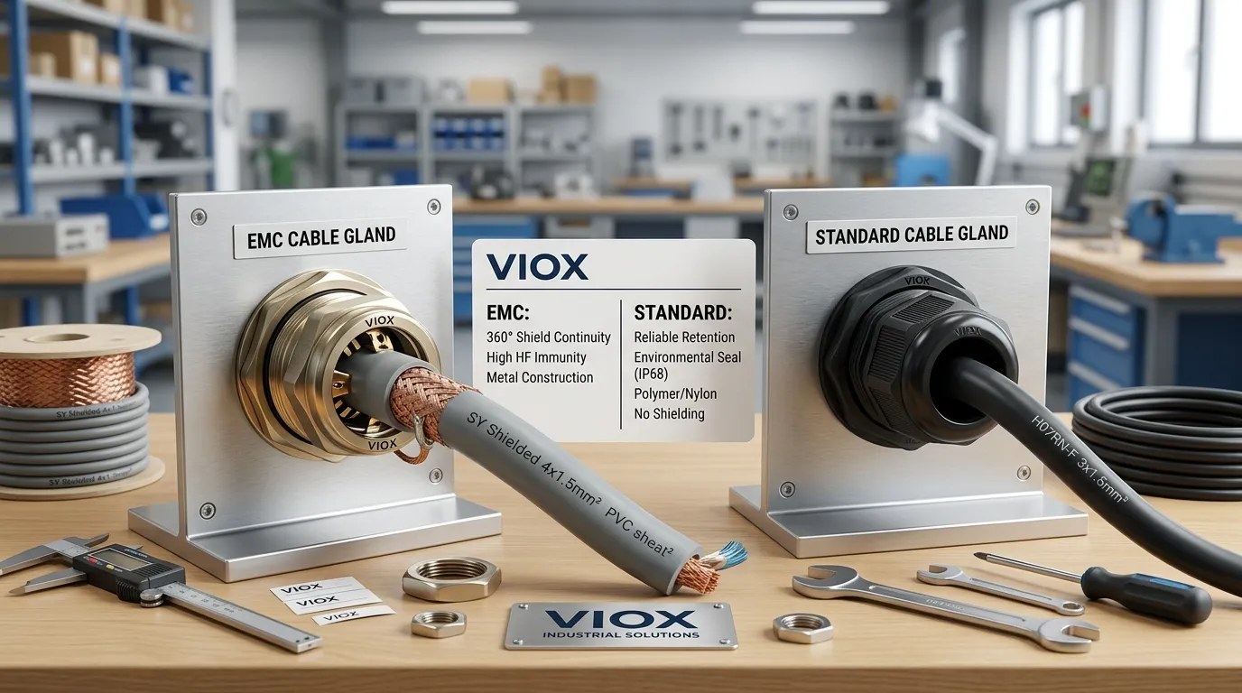 Side-by-side comparison of an EMC cable gland and a standard cable gland with shielded and unshielded cables