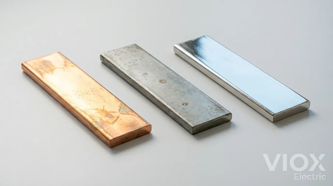 การเปรียบเทียบแบบเคียงข้างกันของบัสบาร์ทองแดงเปลือย เคลือบดีบุก และเคลือบเงิน