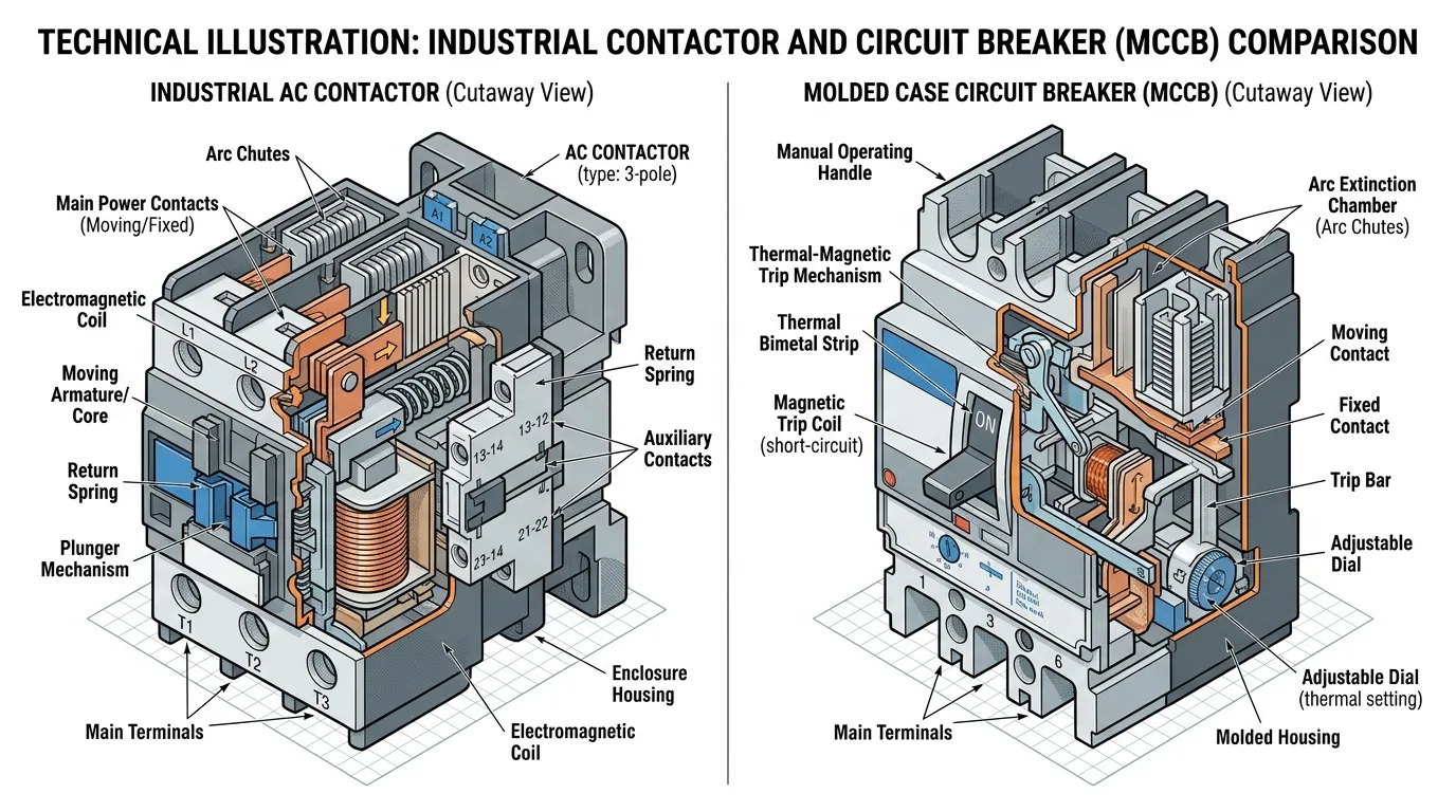کنٹیکٹر اور سرکٹ بریکر کے اندرونی اجزاء کا سائیڈ بہ سائیڈ موازنہ جو الیکٹرو میگنیٹک کوائل میکانزم بمقابلہ تھرمل میگنیٹک ٹرپ یونٹ دکھا رہا ہے۔