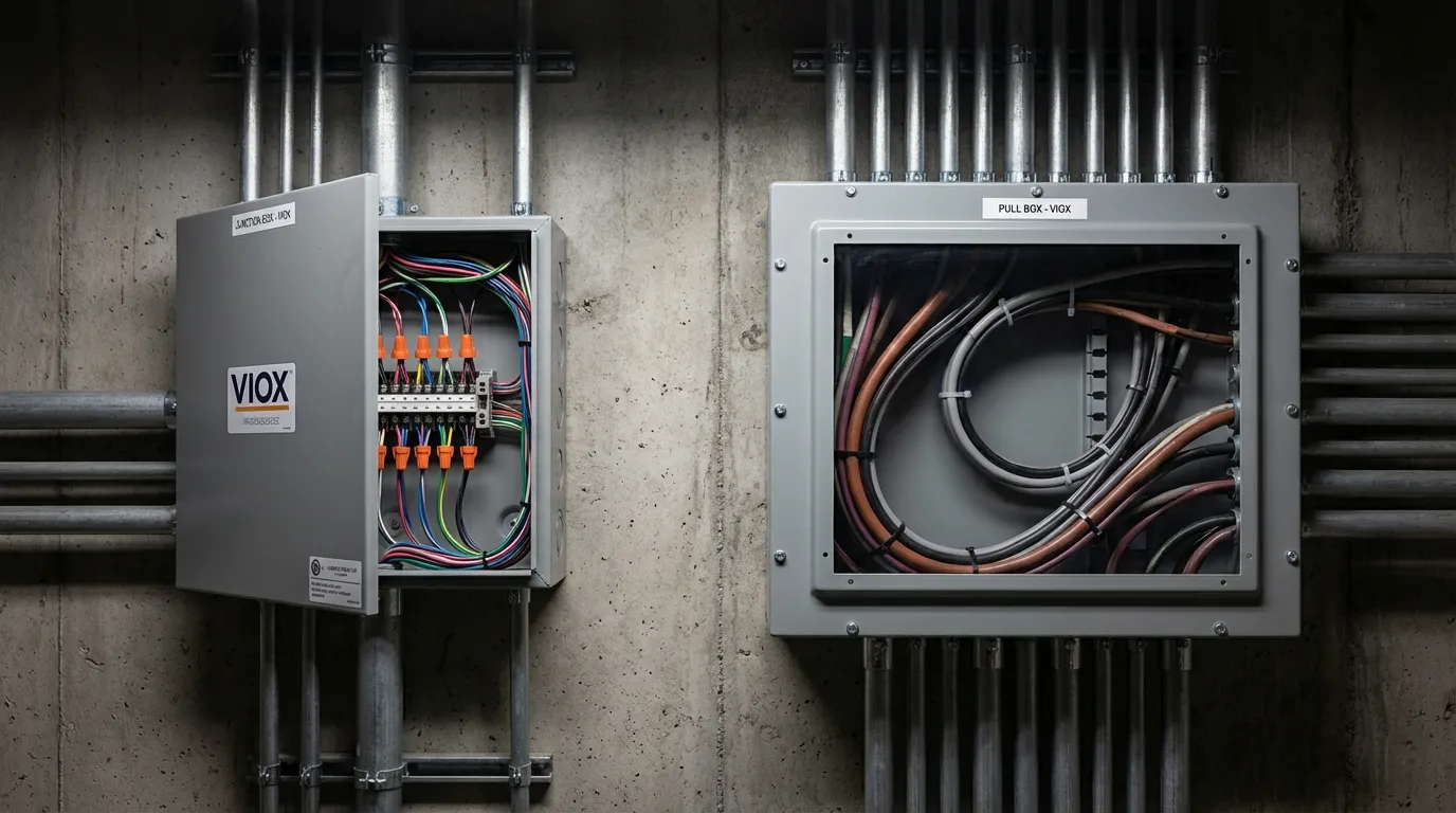 Side-by-side comparison of junction box and pull box showing internal wiring differences in industrial electrical installation