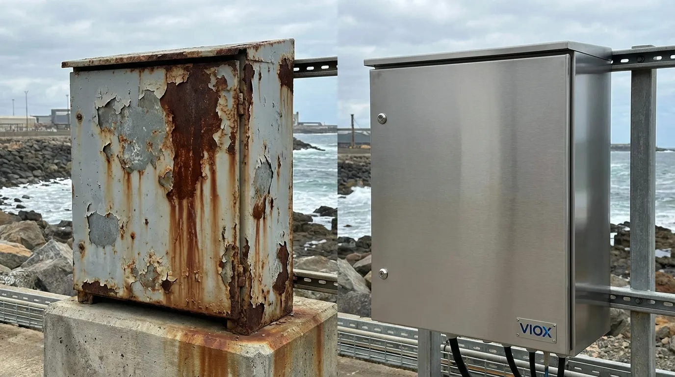 مقارنة جنبًا إلى جنب لصندوق من الصلب الكربوني المتآكل وعلبة VIOX من الفولاذ المقاوم للصدأ البكر