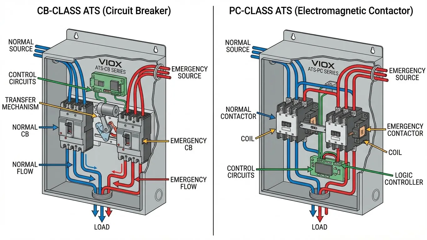 แผนภาพเปรียบเทียบทางเทคนิคแบบ Side-by-Side ของ Automatic Transfer Switch (ATS) คลาส CB และคลาส PC ของ VIOX แสดงกลไกการสลับภายใน