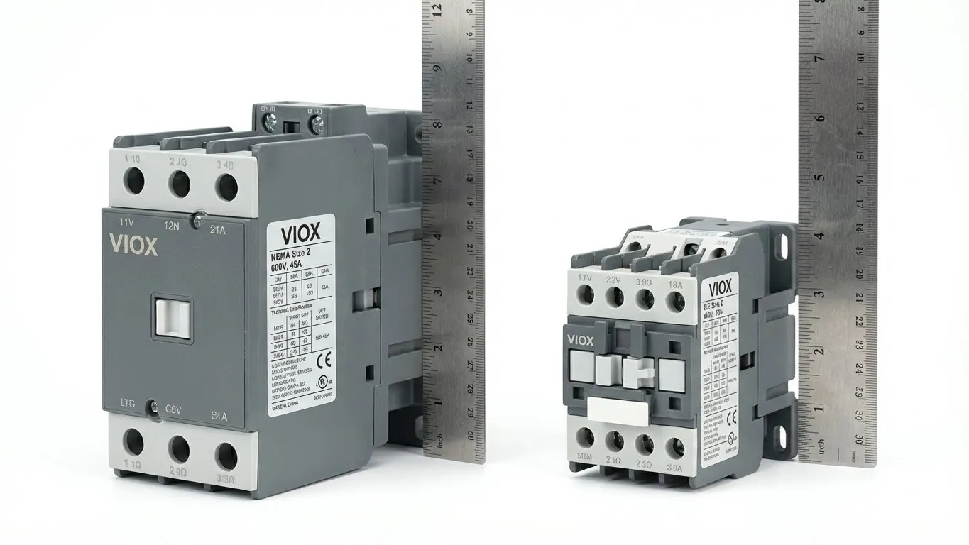Perbandingan ukuran kontaktor VIOX NEMA dan IEC dengan penggaris yang menunjukkan dimensi fisik