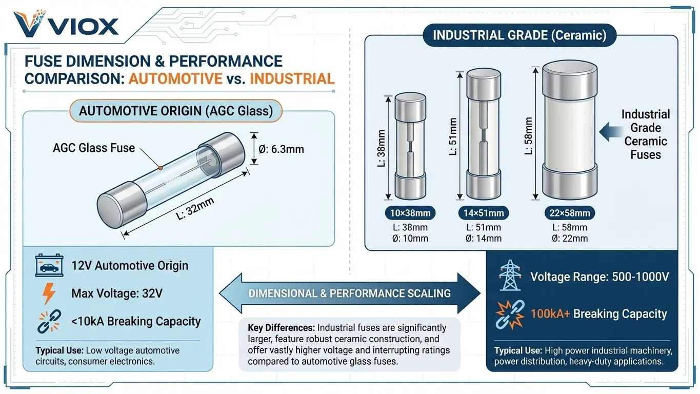 مقارنة حجم مصهر AGC للسيارات مقابل المصهرات الخزفية الصناعية مع المواصفات