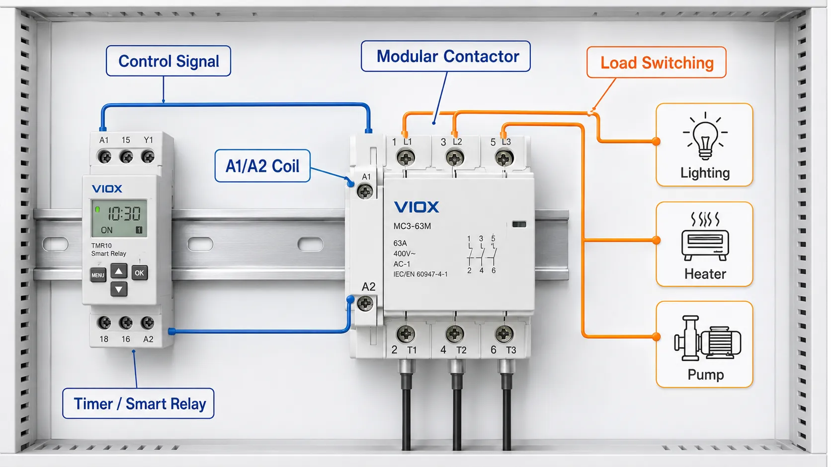 Smart control system using timer relay and modular contactor for lighting, heating, and pump loads.