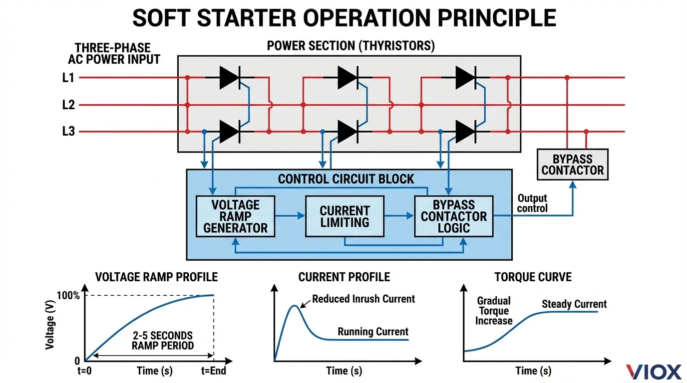 Soft starter circuit diagram showing thyristor control and voltage ramp profile for reduced inrush current motor starting
