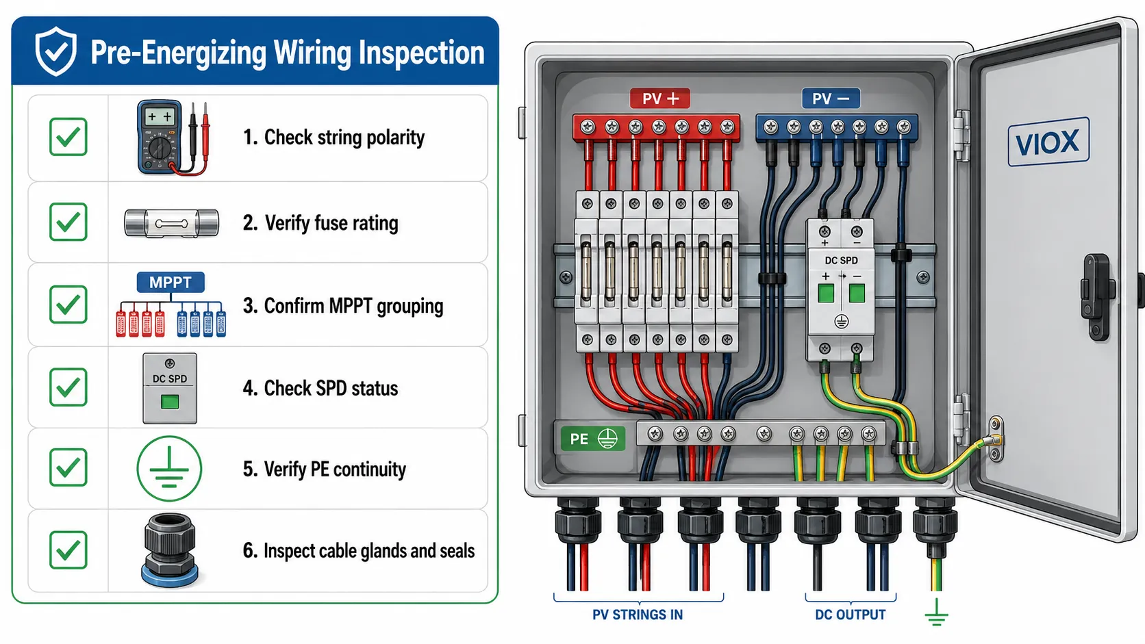Solar combiner box pre-energization checklist for polarity, fuse rating, MPPT grouping, SPD status, PE continuity, and cable glands