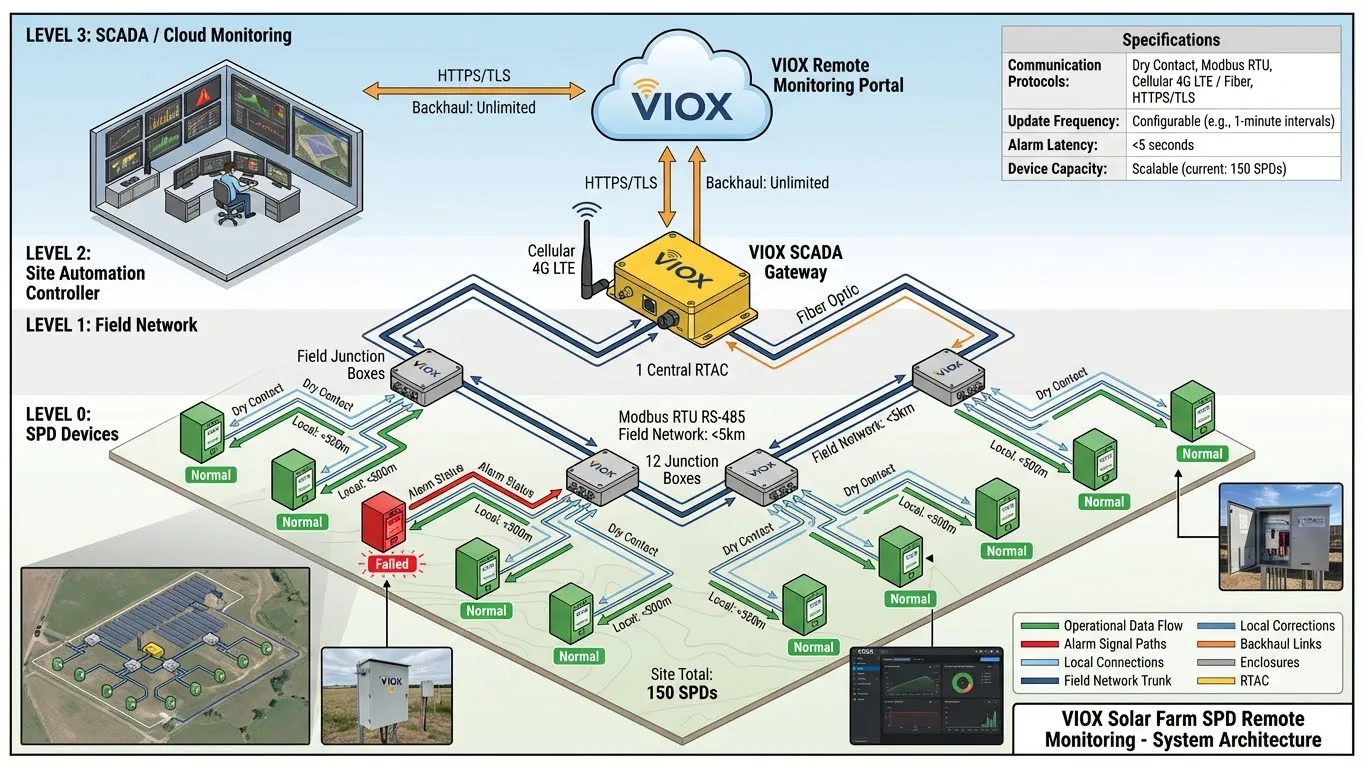 ແຜນວາດສະຖາປັດຕະຍະກຳລະບົບຕິດຕາມກວດກາຣີໂໝດ SPD ຟາມແສງຕາເວັນທີ່ສະແດງເຄື່ອງປ້ອງກັນແຮງດັນເກີນທີ່ແຈກຢາຍເຊື່ອມຕໍ່ຜ່ານເຄືອຂ່າຍພາກສະໜາມກັບ SCADA ສູນກາງດ້ວຍການຕິດຕາມກວດກາທີ່ອີງໃສ່ຄລາວ