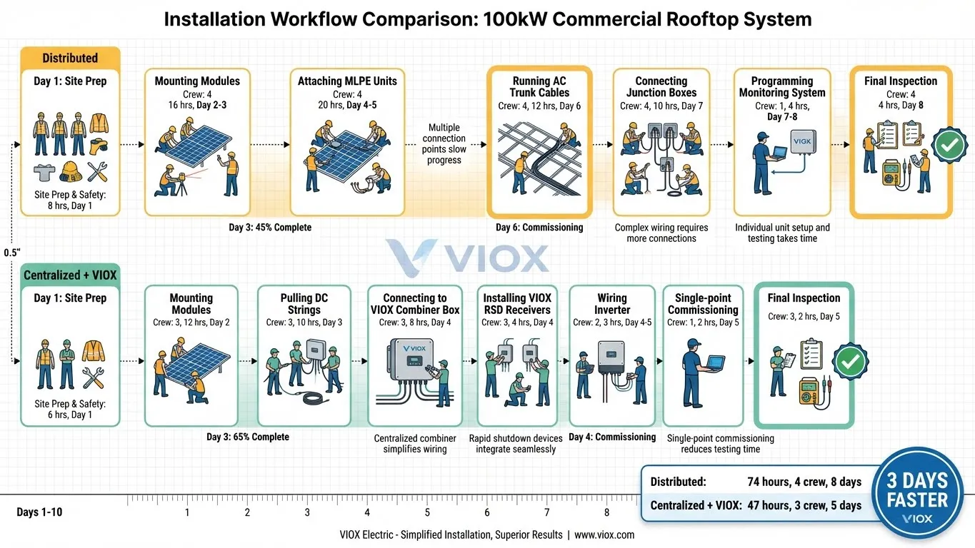 Solar installation workflow comparison na nagpapakita ng VIOX centralized system time savings