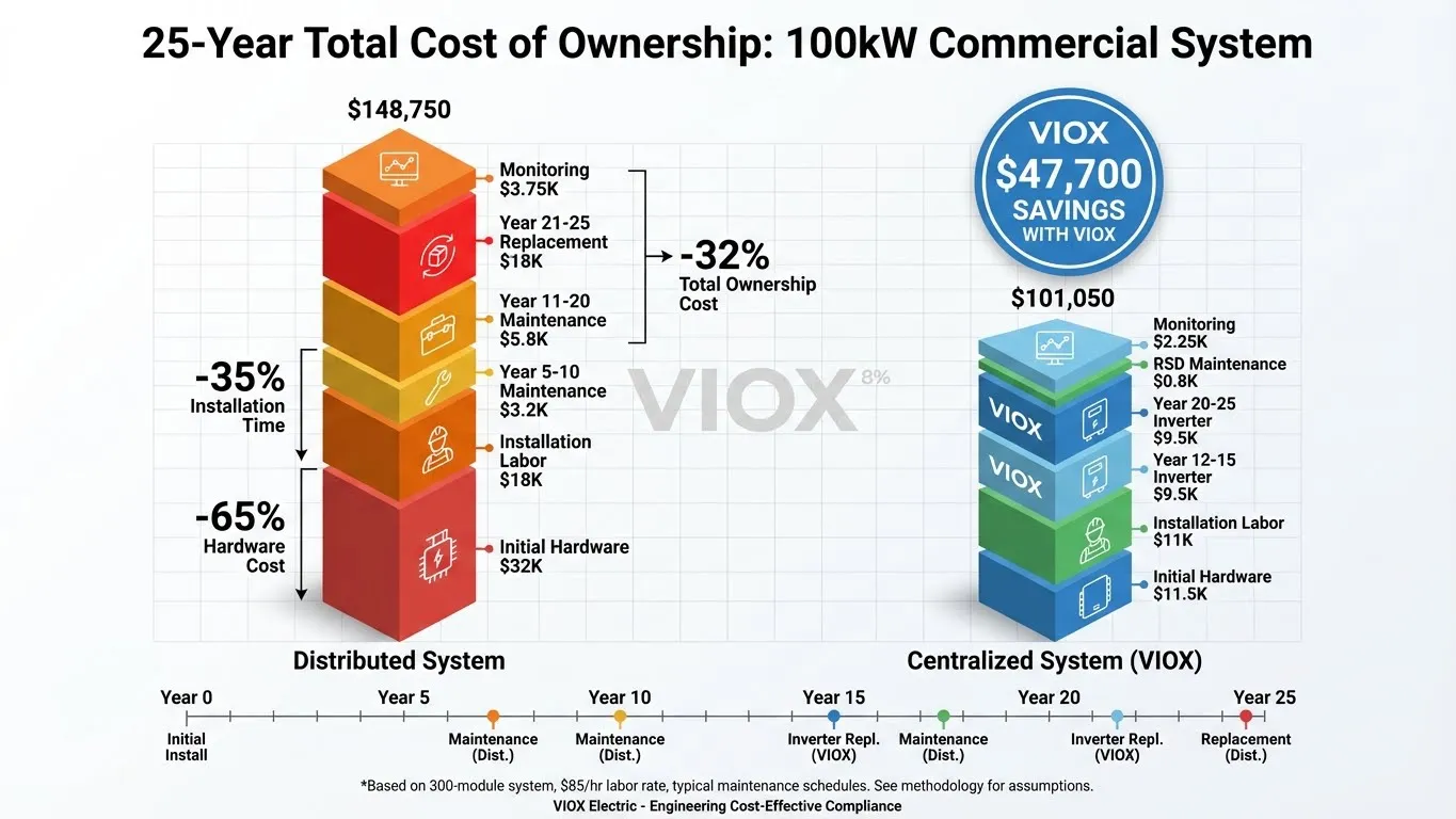 Solar system cost comparison na nagpapakita ng VIOX centralized architecture savings