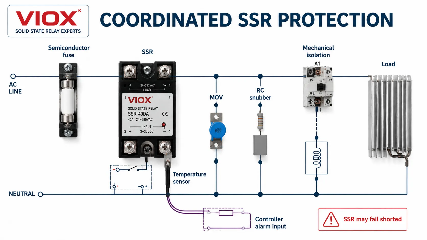 Solid state relay protection diagram with semiconductor fuse MOV RC snubber temperature sensor and mechanical isolation.
