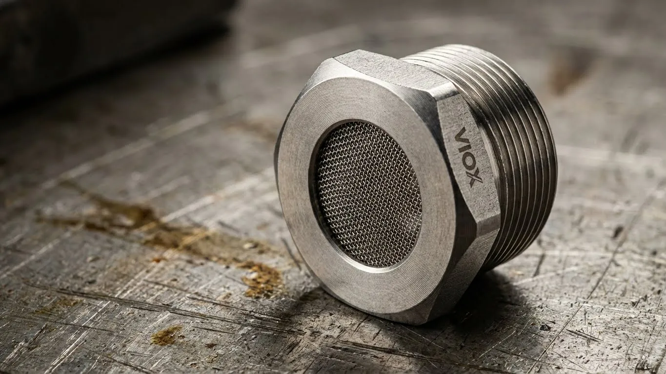 Close-up of a VIOX Stainless Steel Breather Vent Plug showing the precision mesh membrane