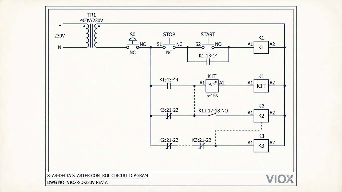 ໄດອາແກຣມສາຍໄຟວົງຈອນຄວບຄຸມຂອງສະຕາເຕີ Star-delta ພ້ອມຣີເລຈັບເວລາ ແລະ ໜ້າສຳຜັດເຊື່ອມຕໍ່ກັນ