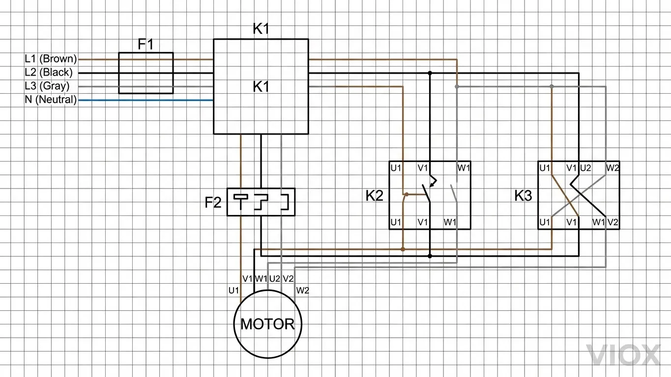 ໄດອາແກຣມສາຍໄຟວົງຈອນພະລັງງານຂອງສະຕາເຕີ Star-delta ສະແດງໃຫ້ເຫັນການເຊື່ອມຕໍ່ມໍເຕີສາມເຟດ ແລະ ຄອນແທັກເຕີ VIOX