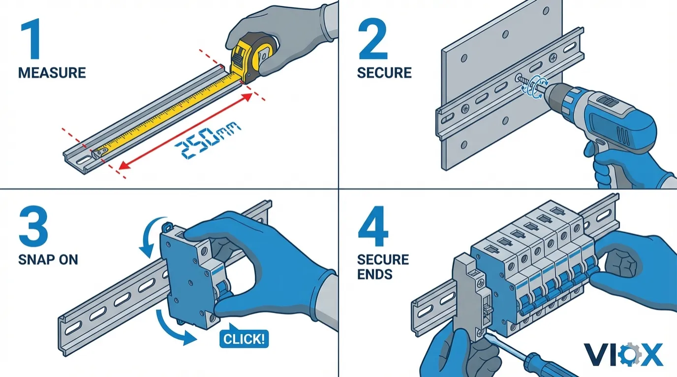 Guide d'installation étape par étape des rails DIN montrant la mesure, le montage, l'installation des composants et la fixation avec des brides d'extrémité