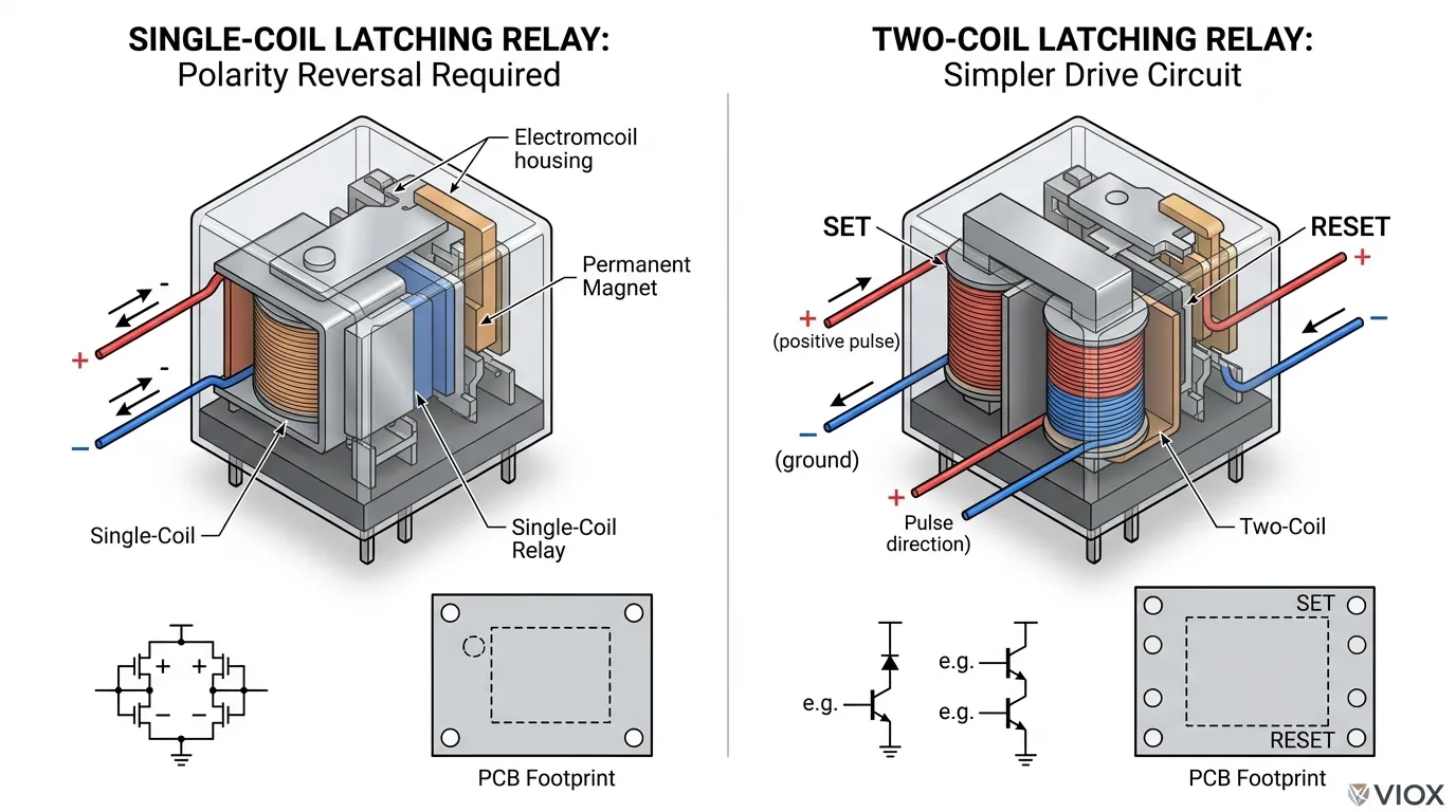 مقارنة هيكلية للمرحل المزلاج ذو الملف الواحد مع عكس القطبية مقابل المرحل المزلاج ذو الملفين مع ملفات ضبط وإعادة ضبط منفصلة