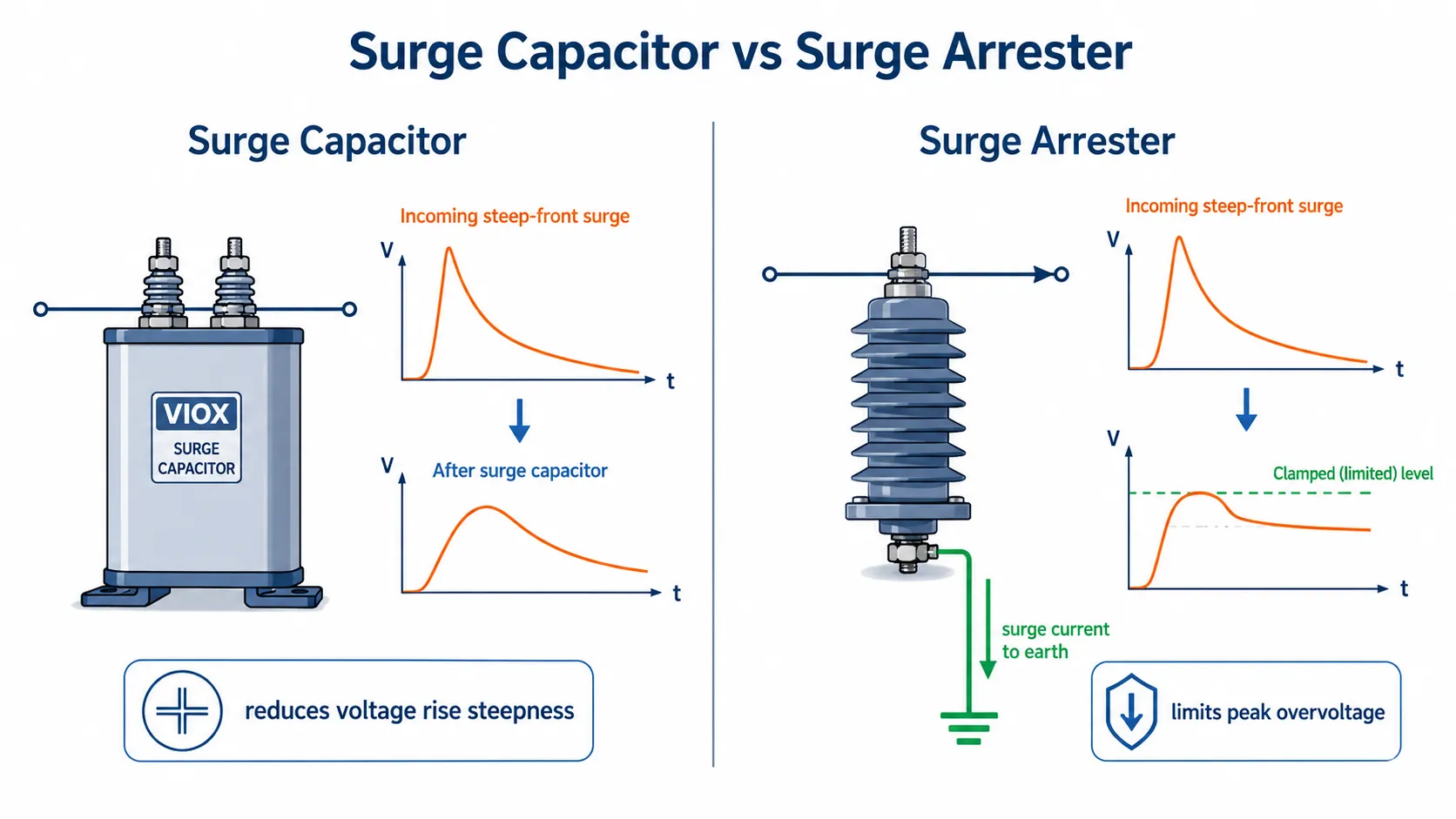 Surge capacitor vs surge arrester showing wavefront smoothing and overvoltage clamping functions