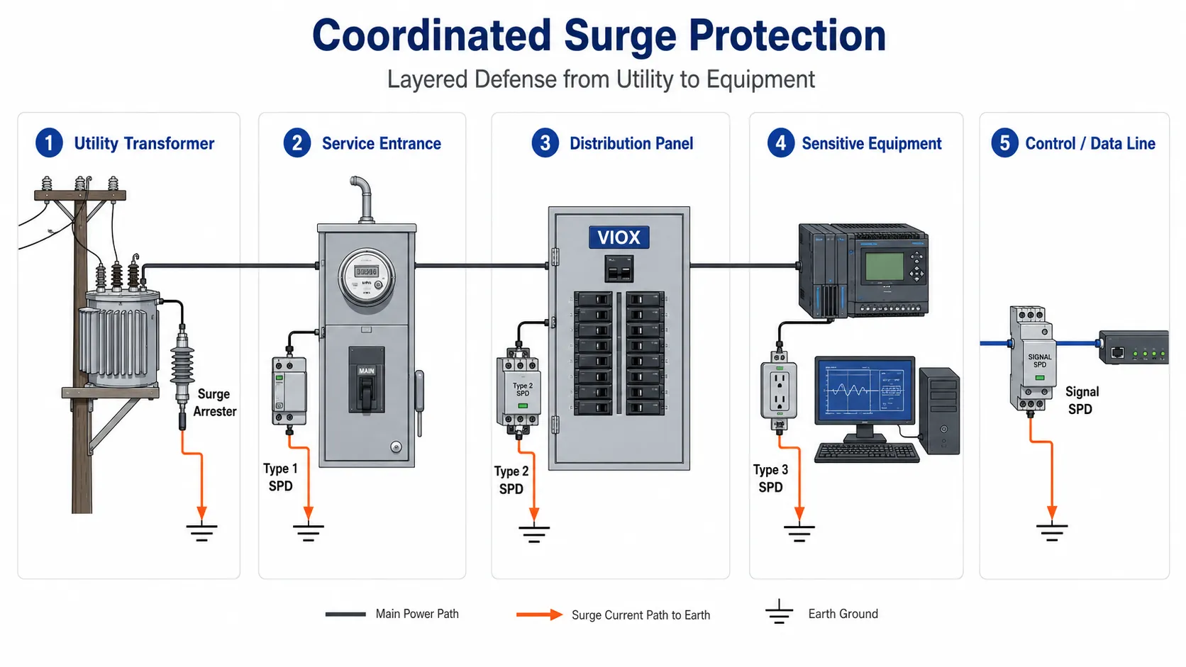 Surge protection layers from utility surge arrester to Type 1, Type 2, Type 3 SPD, and signal SPD