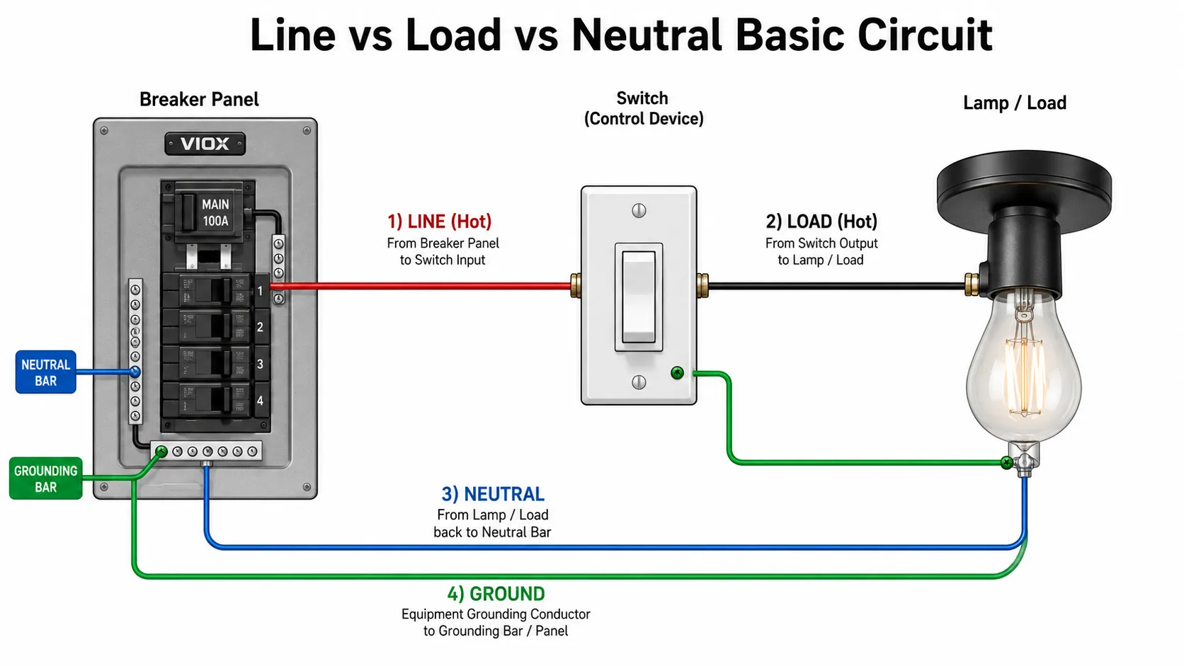 Switch wiring diagram showing line in, load out, and neutral bypass to the light fixture.