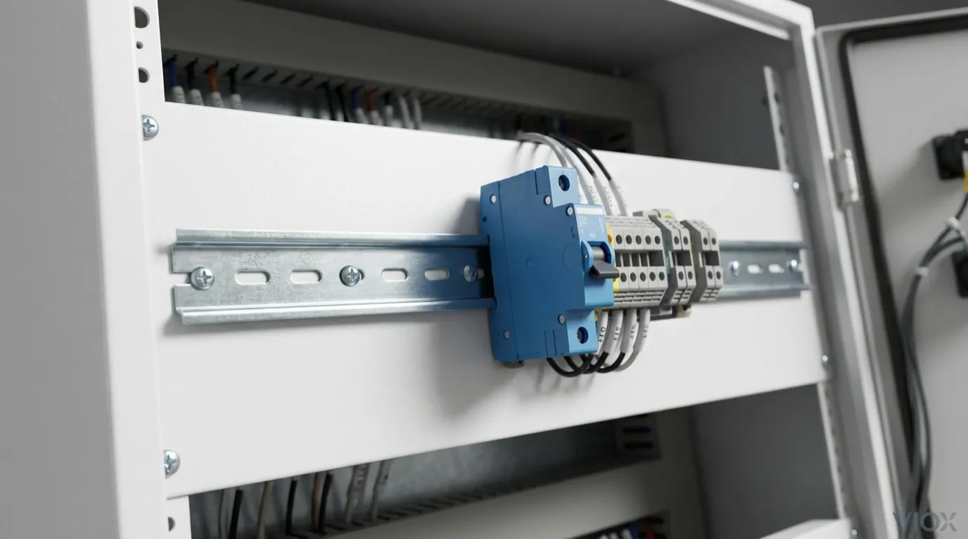 Rail DIN TS35 avec disjoncteur et borniers montés dans un panneau électrique VIOX Electric