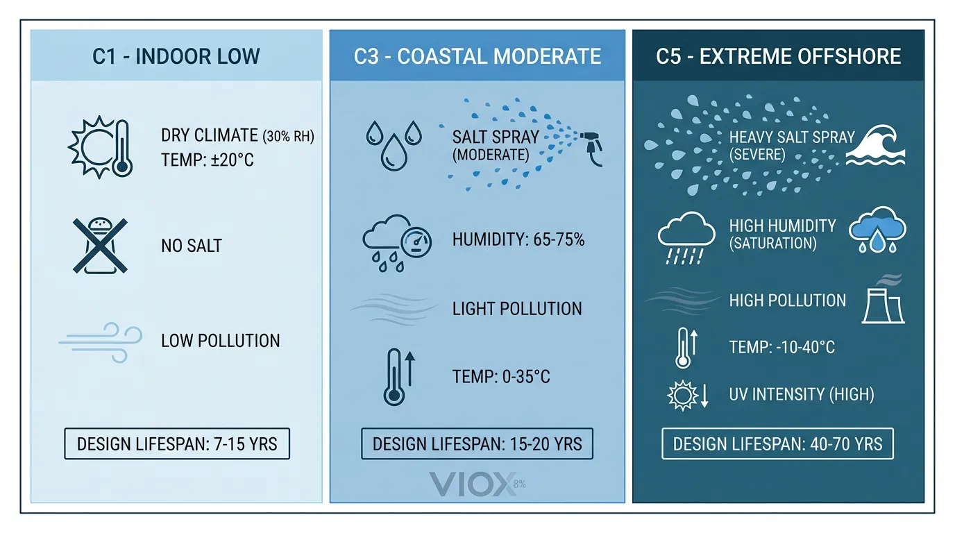 แผนภูมิเปรียบเทียบแสดงสภาพแวดล้อมสำหรับการสัมผัสสำหรับหมวดหมู่ ISO 12944 C1, C3 และ C5