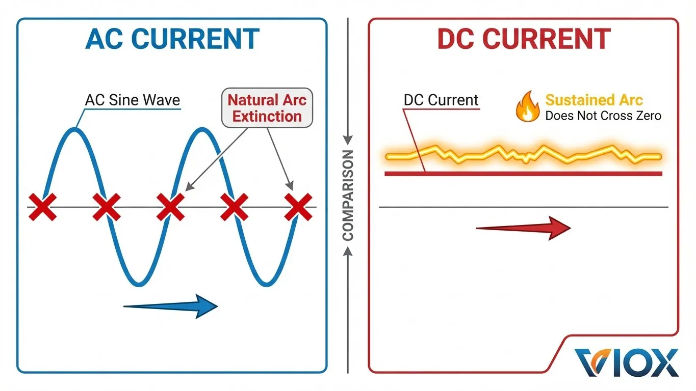 Technical comparison diagram showing AC sine wave with zero-crossing extinction versus DC sustained arc behavior