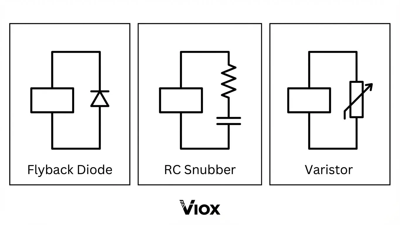 Circuit schematics for Flyback Diode, RC Snubber, and Varistor arc suppression methods
