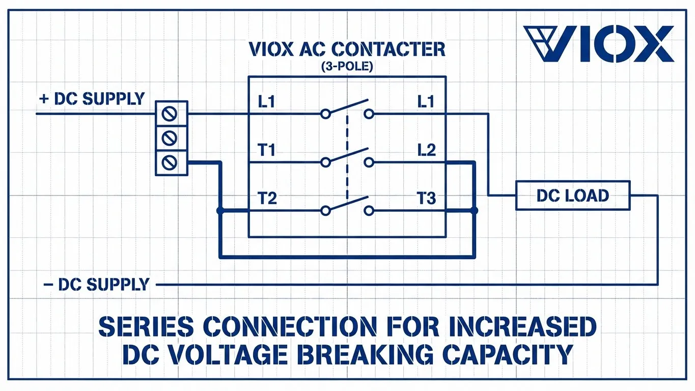 Technical wiring diagram showing 3 poles in series connection for increased DC voltage breaking capacity