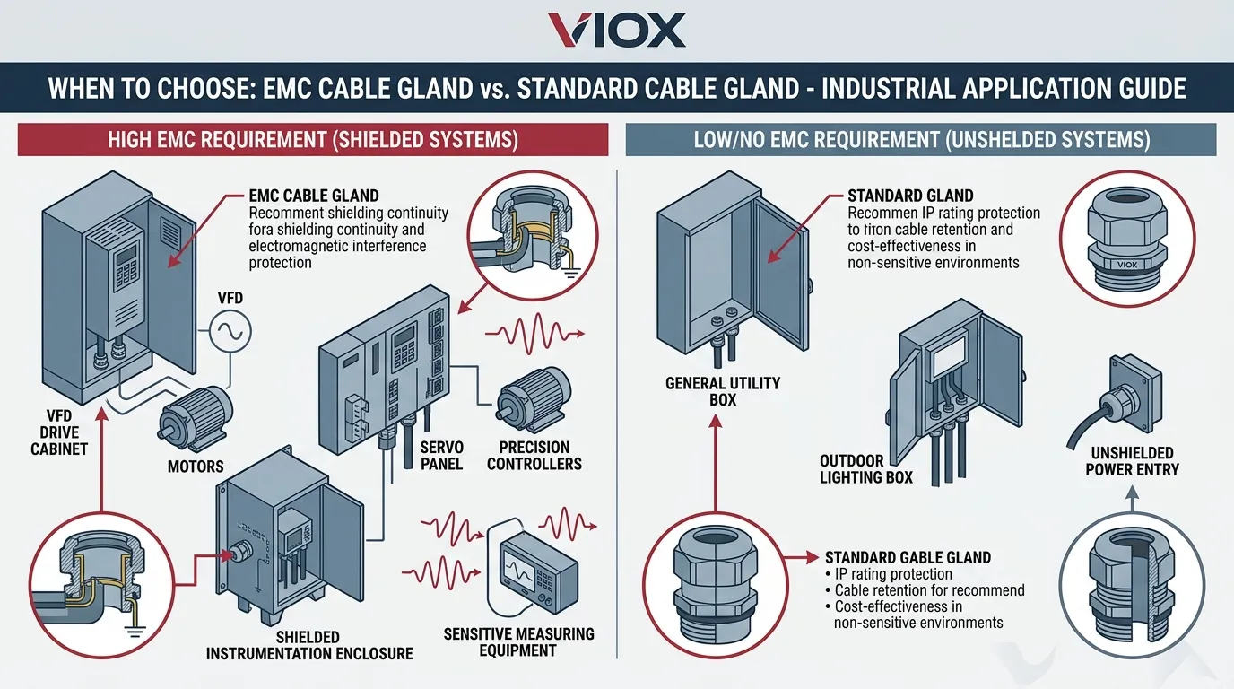 Technical application guide showing when to use EMC cable glands and when standard cable glands are sufficient