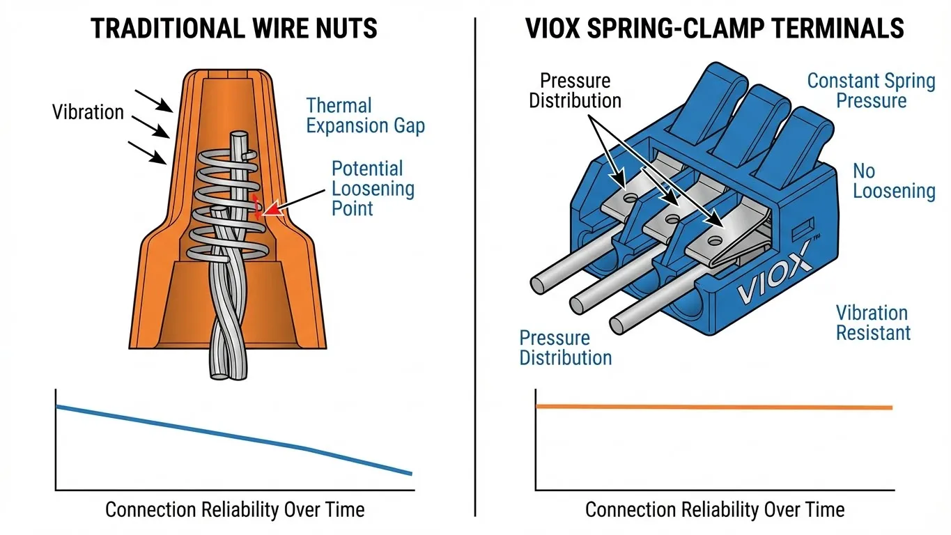 مخطط مقارنة فنية لأغطية الأسلاك التقليدية مقابل موصلات طرفية VIOX ذات المشبك الزنبركي التي تظهر مقاومة الاهتزاز وموثوقية الاتصال