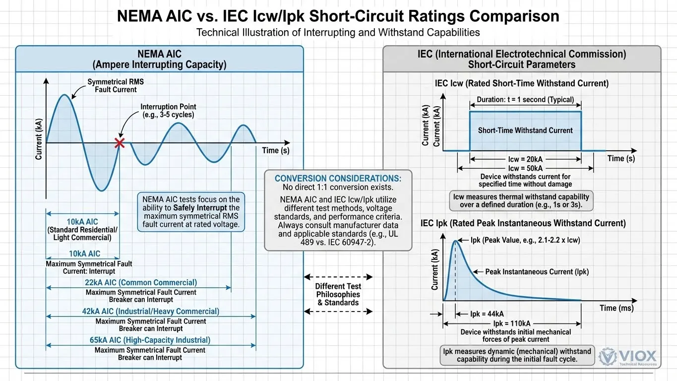 គំនូសតាងប្រៀបធៀបបច្ចេកទេសដែលបង្ហាញពីការវាយតម្លៃ NEMA AIC ធៀបនឹងប៉ារ៉ាម៉ែត្រសៀគ្វីខ្លី IEC Icw និង Ipk