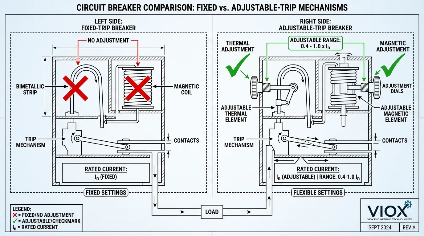 Technical comparison diagram showing internal mechanisms of fixed-trip versus adjustable-trip circuit breakers with labeled components