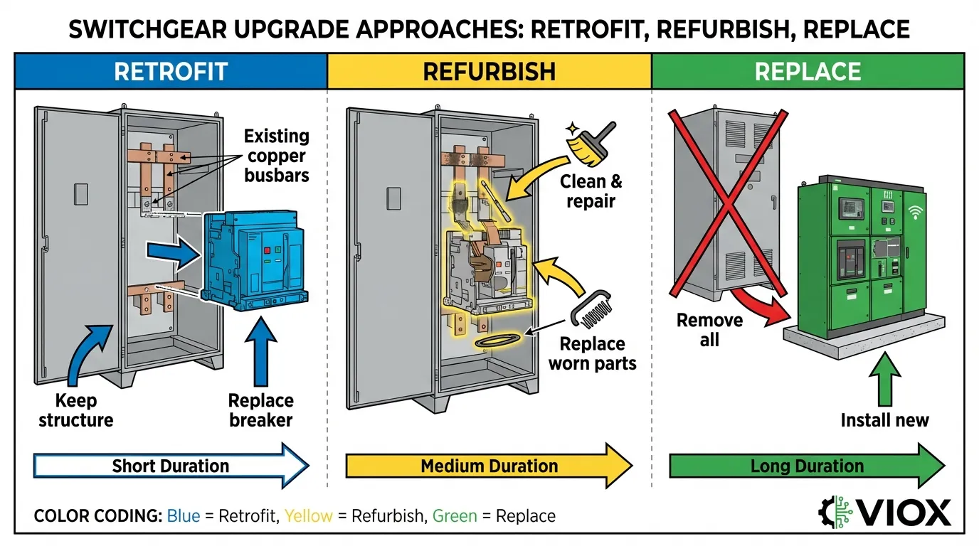 Technical comparison diagram showing retrofit, refurbish, and replace switchgear modernization approaches