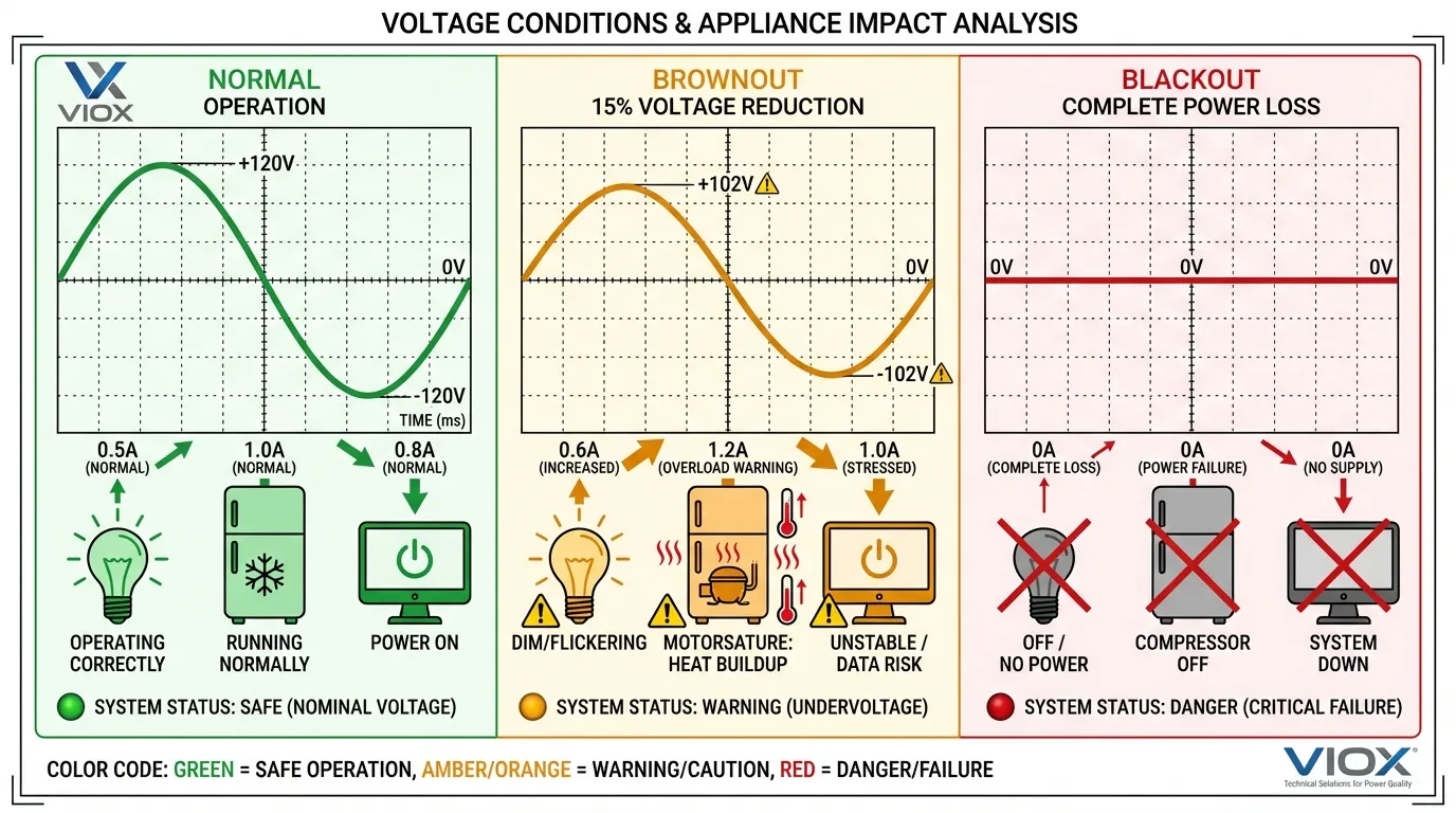 Diagrama de comparação técnica mostrando formas de onda de tensão durante operação normal, queda de tensão e condições de apagão