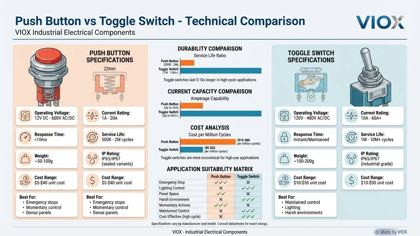 Basma Düğmesi ve Mandallı Anahtar özelliklerinin ve maliyet analizinin teknik karşılaştırma infografiği