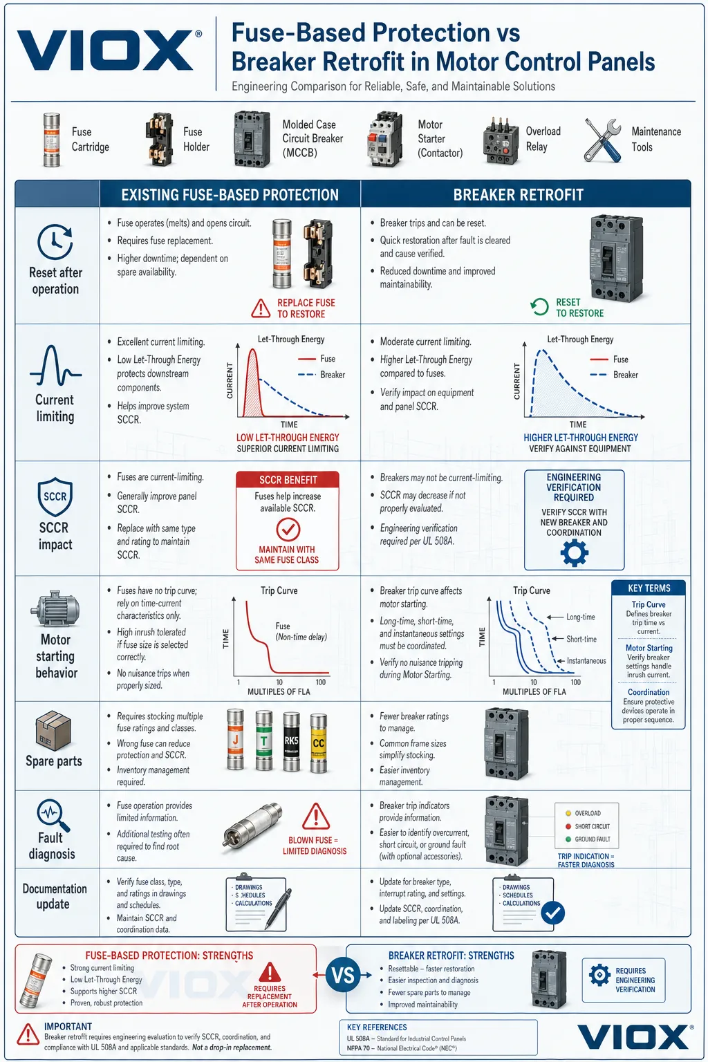Detailed engineering comparison chart between fuse-based protection and breaker retrofit in motor control panels
