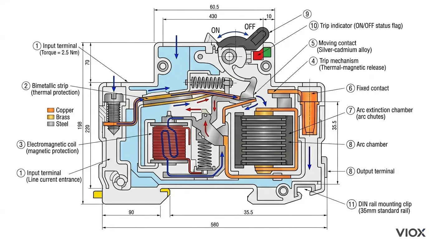 Bimetal şerit, elektromanyetik bobin, ark söndürme odası ve açma mekanizması dahil olmak üzere iç bileşenleri gösteren VIOX MCB'nin teknik kesit diyagramı