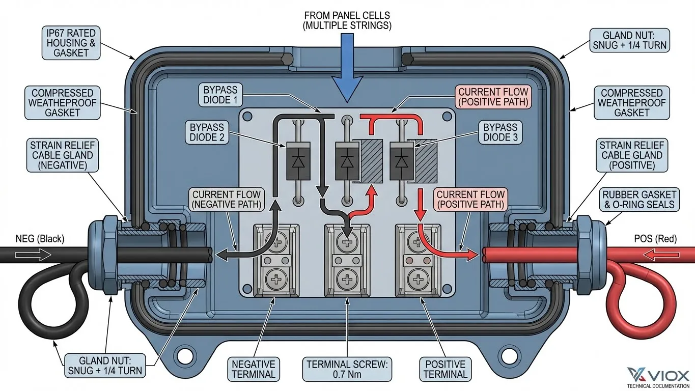 Technical cross-section diagram of a solar panel junction box showing internal bypass diodes, terminal blocks, strain relief glands, and proper cable routing.