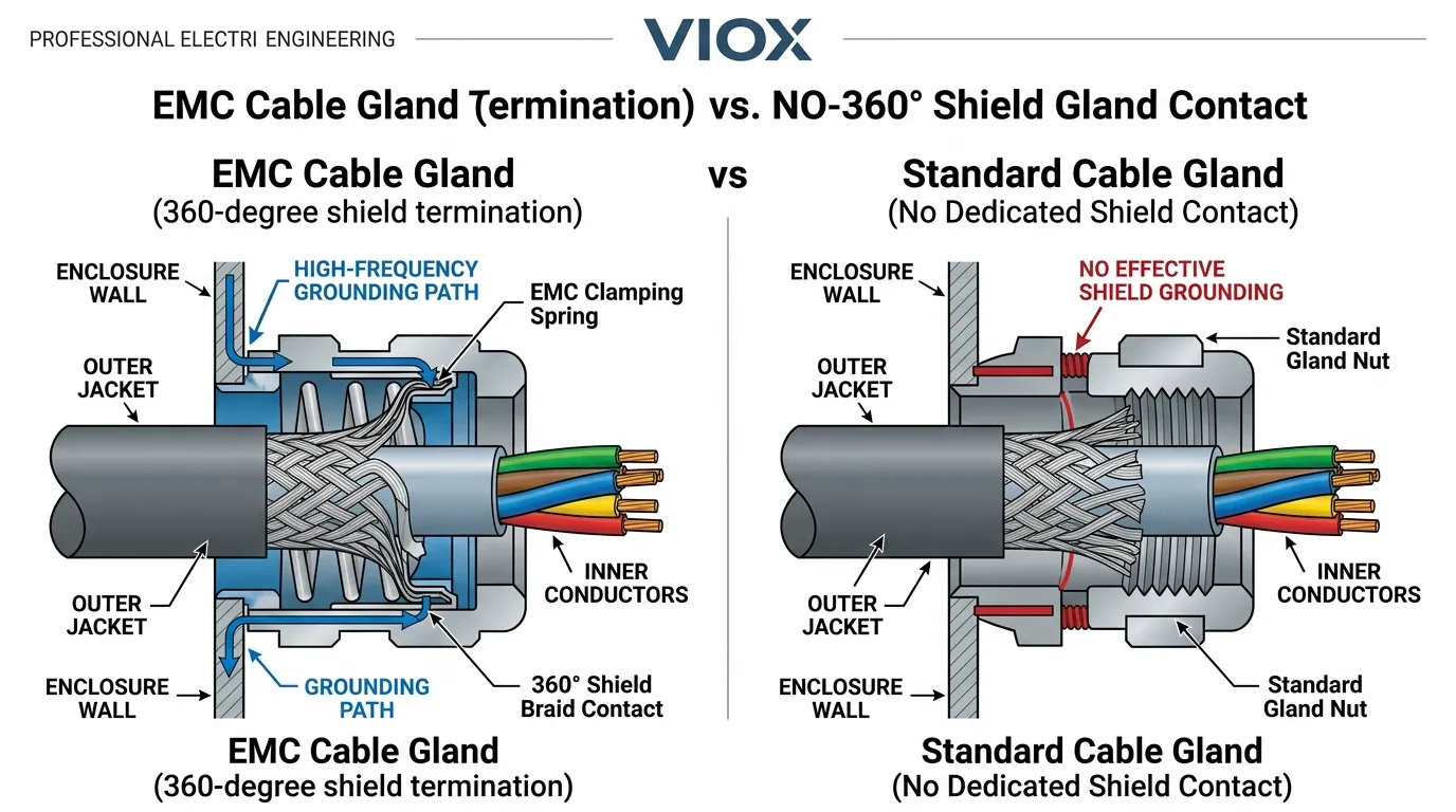 Technical cross-section showing the difference between EMC shield termination and a standard cable gland entry