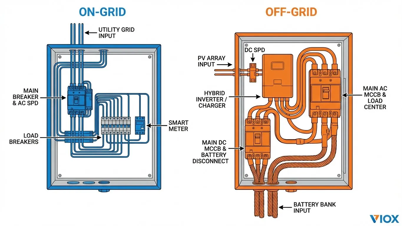 Perbandingan keratan rentas teknikal susun atur komponen dalaman kotak pengagihan VIOX atas grid berbanding luar grid